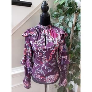 Bebe Blouse Top Women's Small Multi Geo Print Lined Ruffle Tiered Keyhole Neck